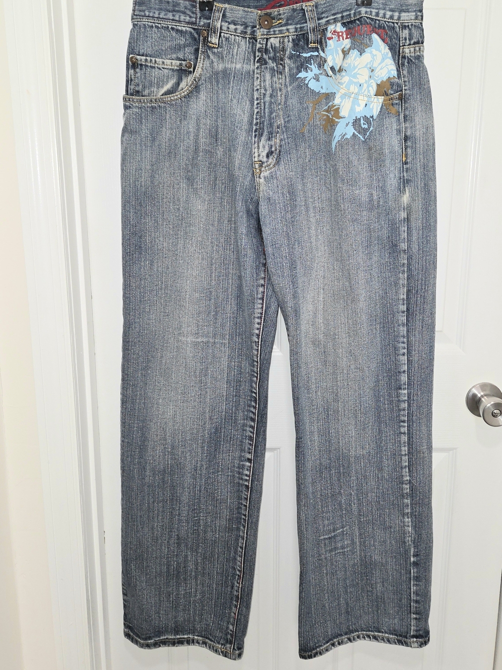 Request Vintage Jeans Men 36X34 Blue Denim Embroidered Bootcut Jeans RN 97628.